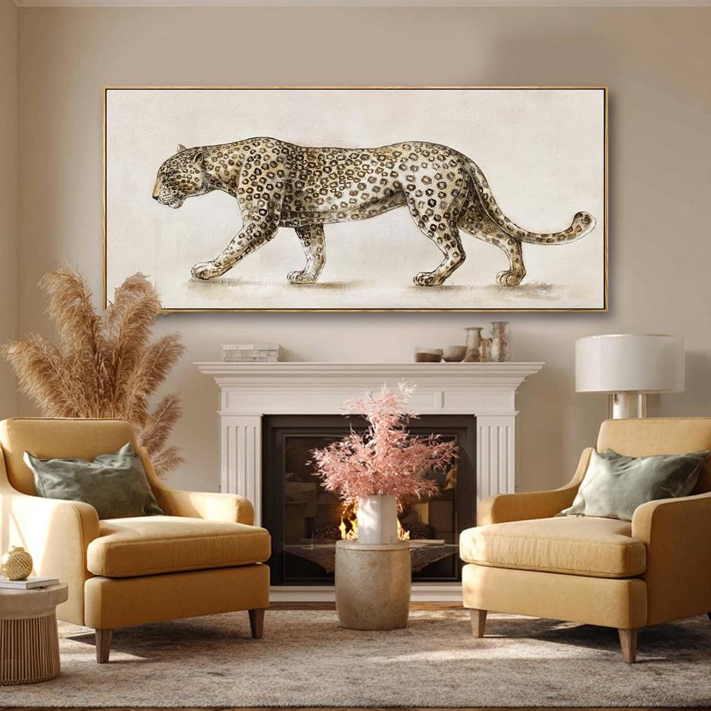 Leopard Canvas Wall Art, Neutral Animal Framed Artwork, Extra Wide Horizontal Wall Decor, Large 32×70 Inch Art for Living Room Bedroom Over Sofa