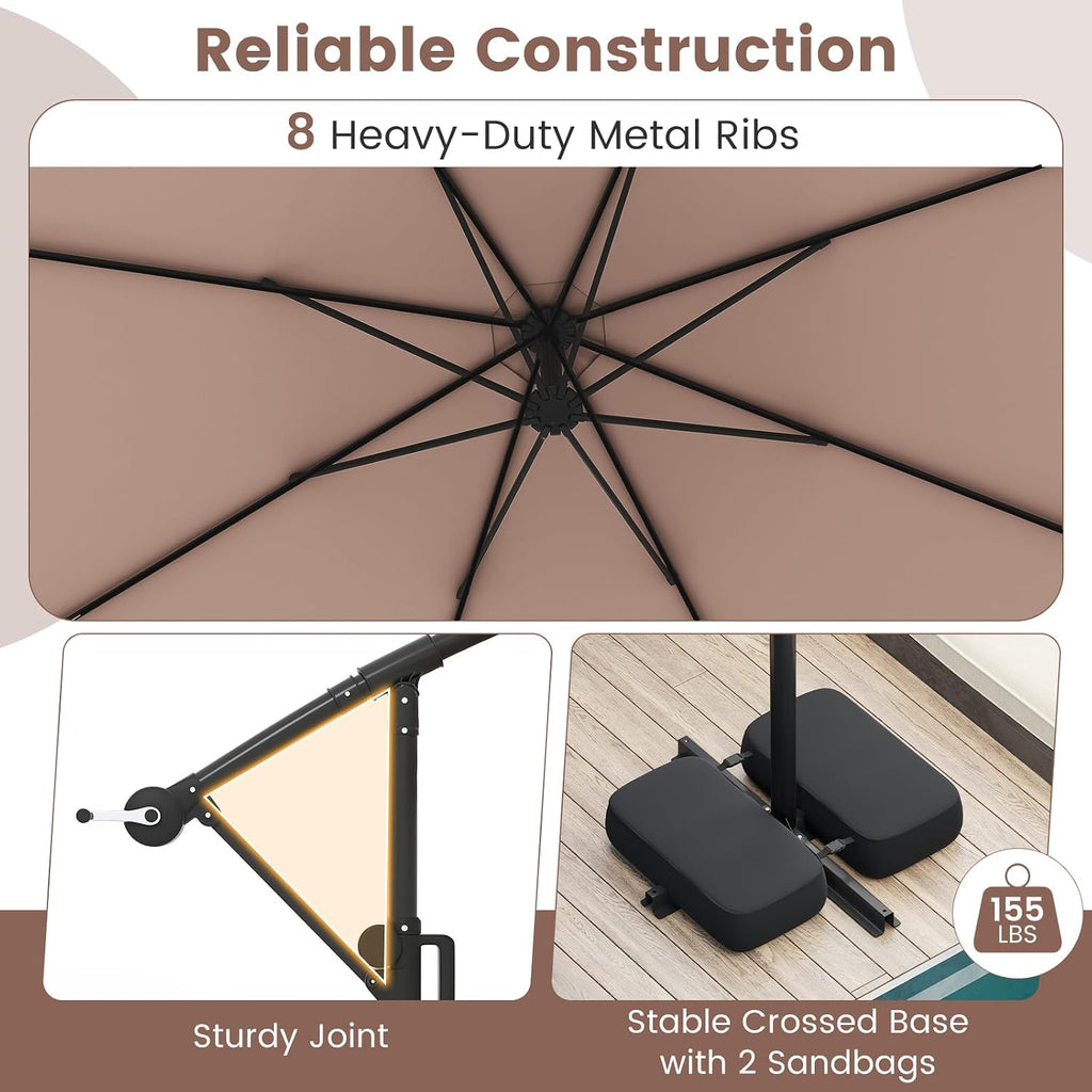 Tangkula 10 FT Solar Patio Umbrella with Base Included, Cantilever Offset Hanging Outdoor Umbrella with 96 Multi-Colored Flowing LED Lights, 9 Modes, Tilt Adjustment, 360° Rotation, Crank for Pool Yard Deck Lawn (Coffee)