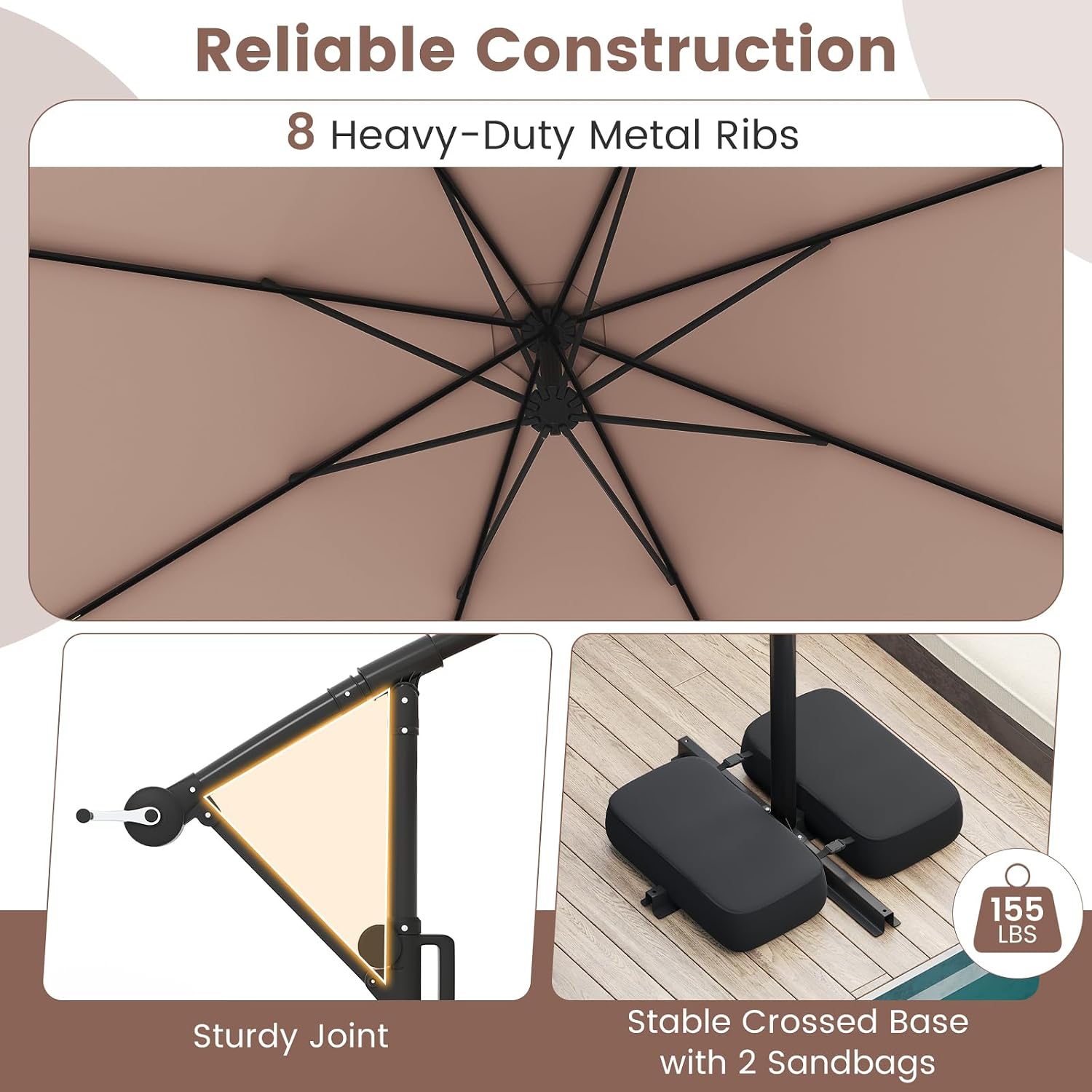 Tangkula 10 FT Solar Patio Umbrella with Base Included, Cantilever Offset Hanging Outdoor Umbrella with 96 Multi-Colored Flowing LED Lights, 9 Modes, Tilt Adjustment, 360° Rotation, Crank for Pool Yard Deck Lawn (Coffee)