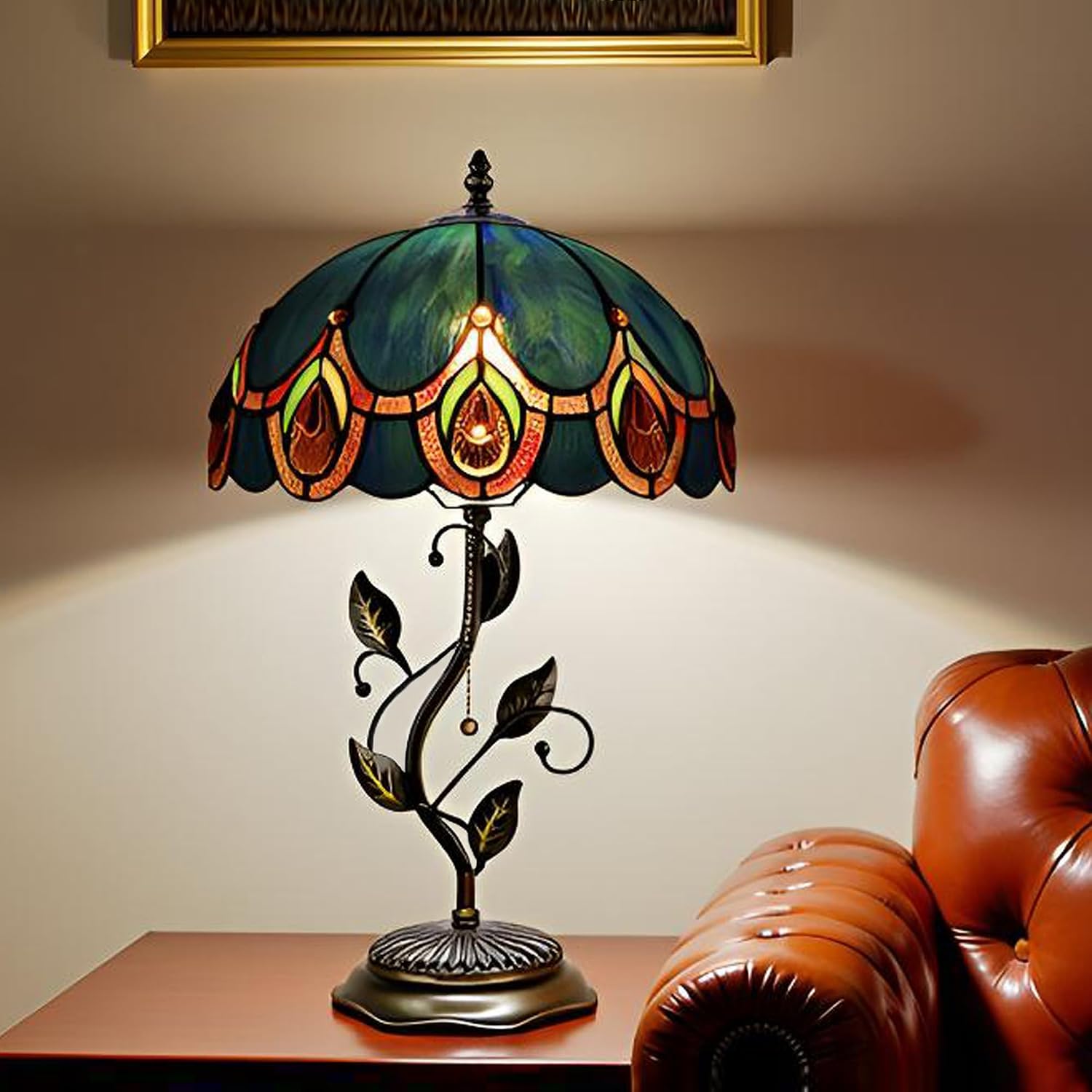 Tiffany Table Lamp, Stained Glass Style Desk Lamp, 12X12X19 Inch,Bedside Reading Light, Metal Leaf Base（Peacock Crystal Style