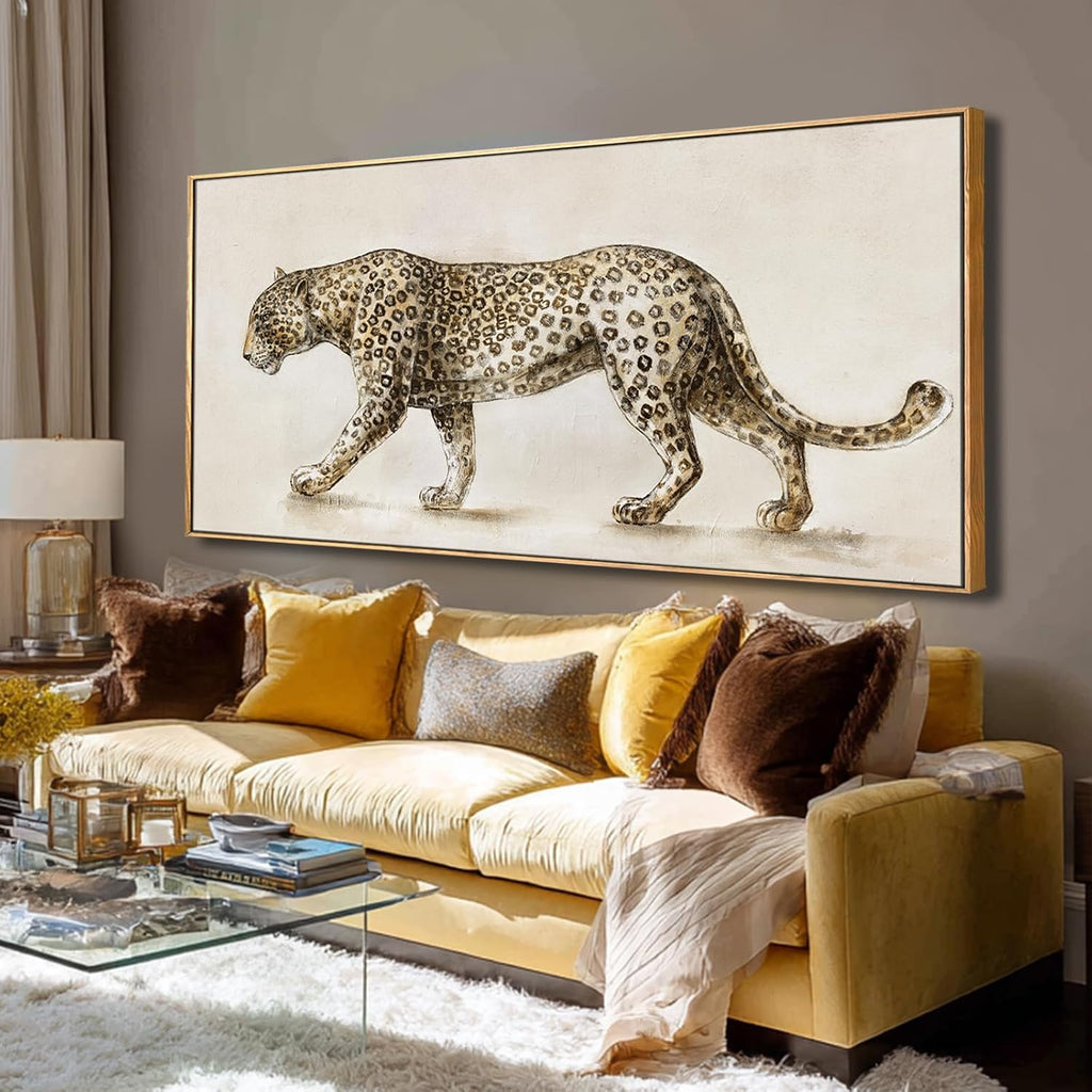 Leopard Canvas Wall Art, Neutral Animal Framed Artwork, Extra Wide Horizontal Wall Decor, Large 32×70 Inch Art for Living Room Bedroom Over Sofa