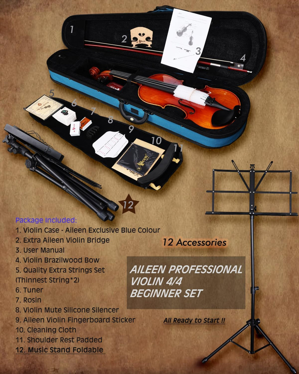 Aileen Solid Wood Violin 4/4 Full Size for Adults Beginners, Fiddle Set for Kids Students Starters Age 12+