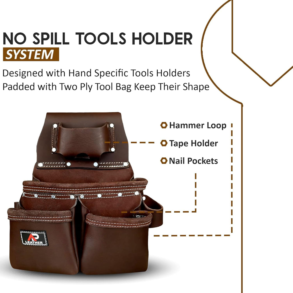 AP-LEATHER PRO-19 100% Genuine Full Grain Leather Tool Belt/Pouch/Bag, tool belt with suspenders, Comfort Back Support Tool Pouches With Suspenders (Chocolate Brown)