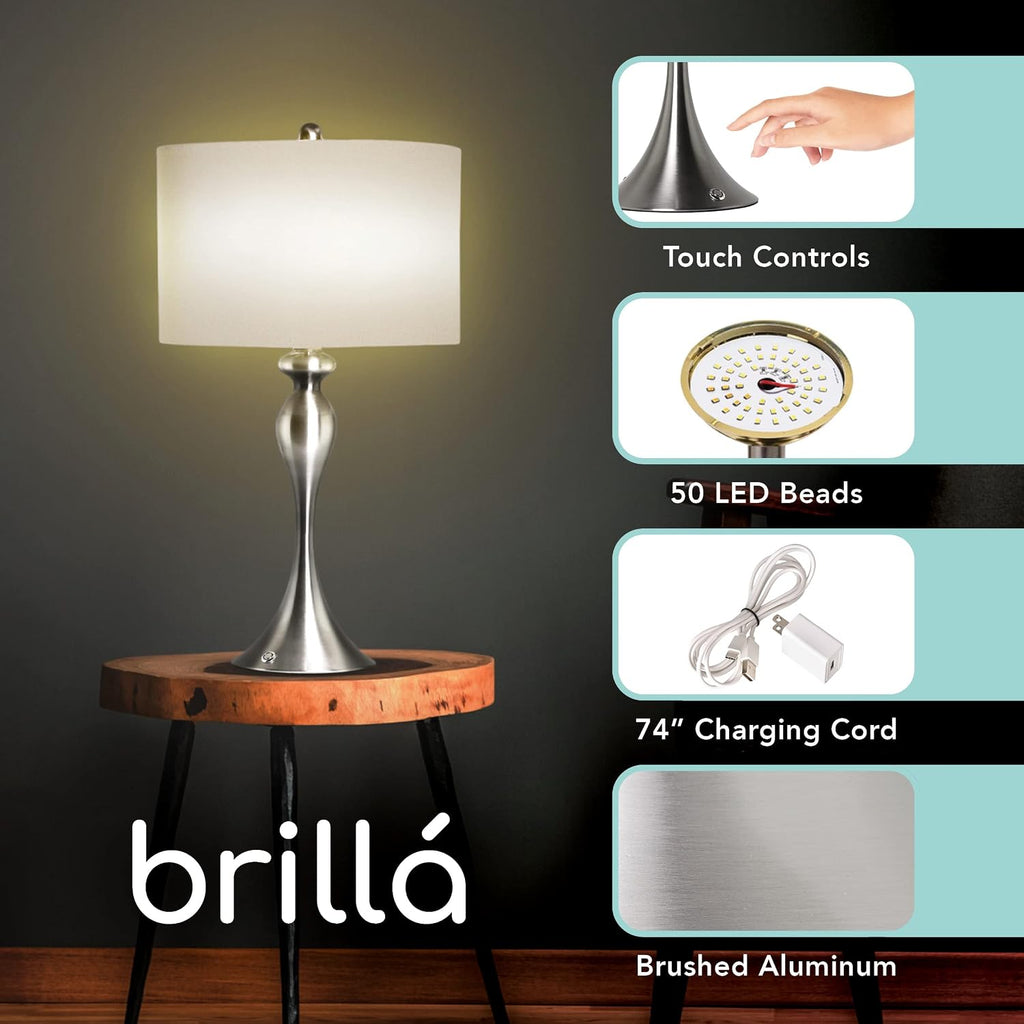 My Magic Carpet Brillá Metal LED Rechargeable Lamp - Battery Operated Desk Light with Built in Battery - Cordless LED Table Lamp for Home - Wireless Lantern for Office, Bedroom, & Living Room (25.5')