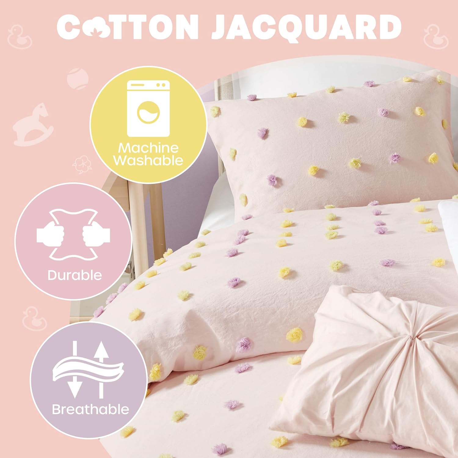 Intelligent Design Kids Twin Cotton Jacquard Weave Colorful Pom Pom Kids Comforter Sets, Down Alternative Shabby Chic All Season Girls Bedding, Bedroom Decor, Callie, Twin/Twin XL Pink 4 Piece