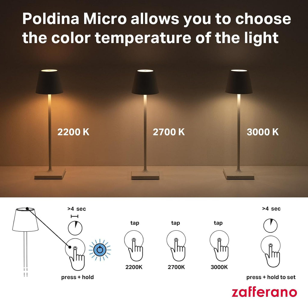 Zafferano, Poldina Micro Lamp, Rechargeable Cordless Table Lamp with Touch Controls, Suitable for Indoor and Outdoor, Dimmer, 2200-3000 K, Height 10.8 Inches, Capri Blue Color