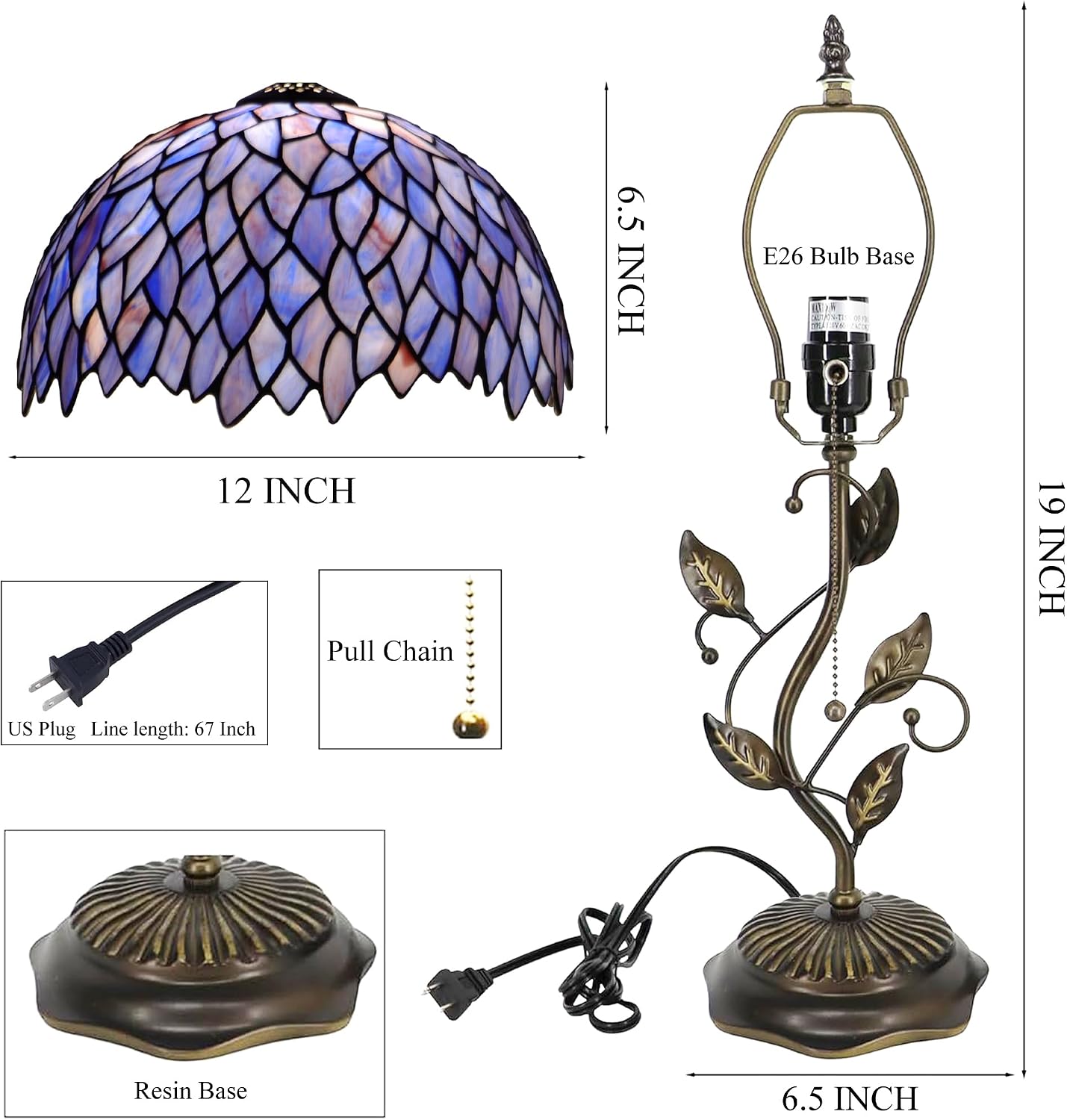 Tiffany Table Lamp Stained Glass Desk Lamp Metal Leaf Base Reading Light 12X19 Inch (Wisteria Style)