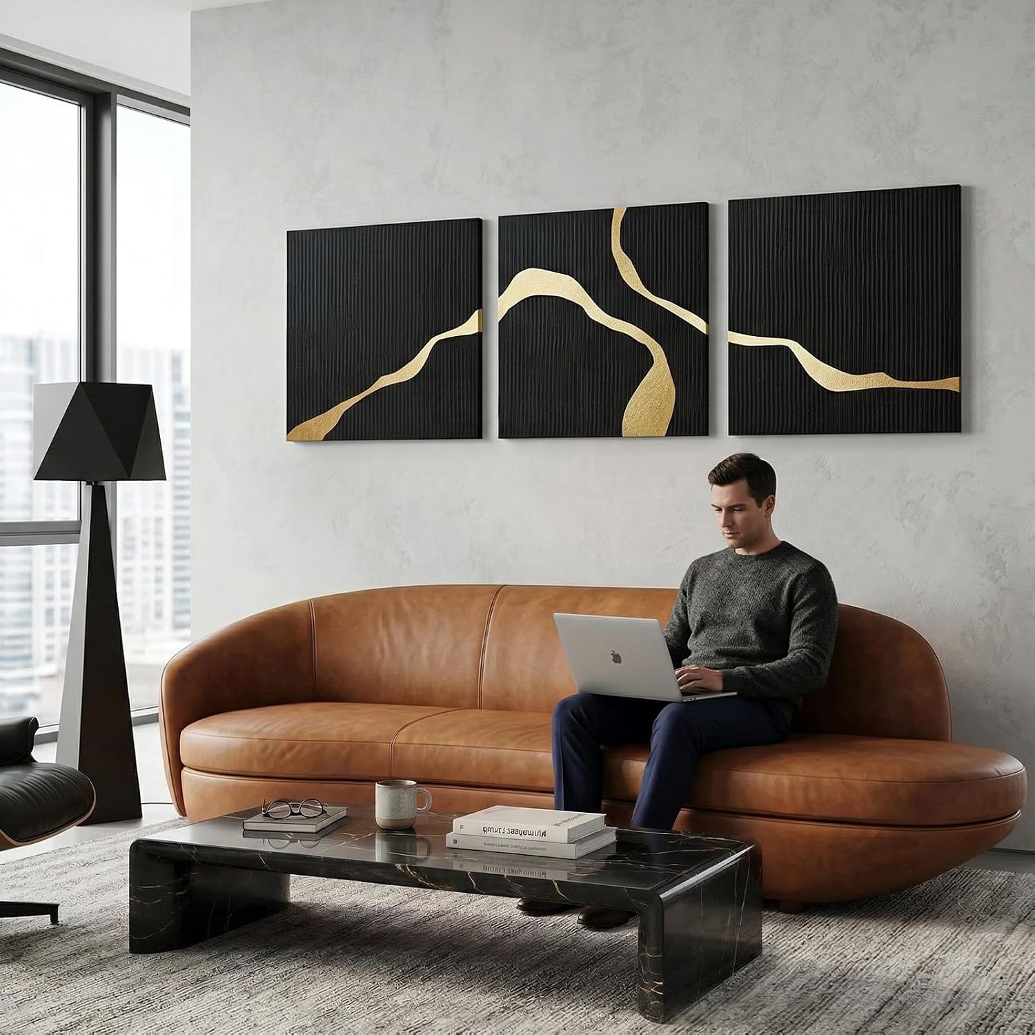 JUHOME 3-Piece Black Abstract Canvas Wall Art Set, 30x30 In Each, Modern Minimalist Textured Oil Painting Triptych for Living Room Bedroom Office Hotel Restaurant Decoration