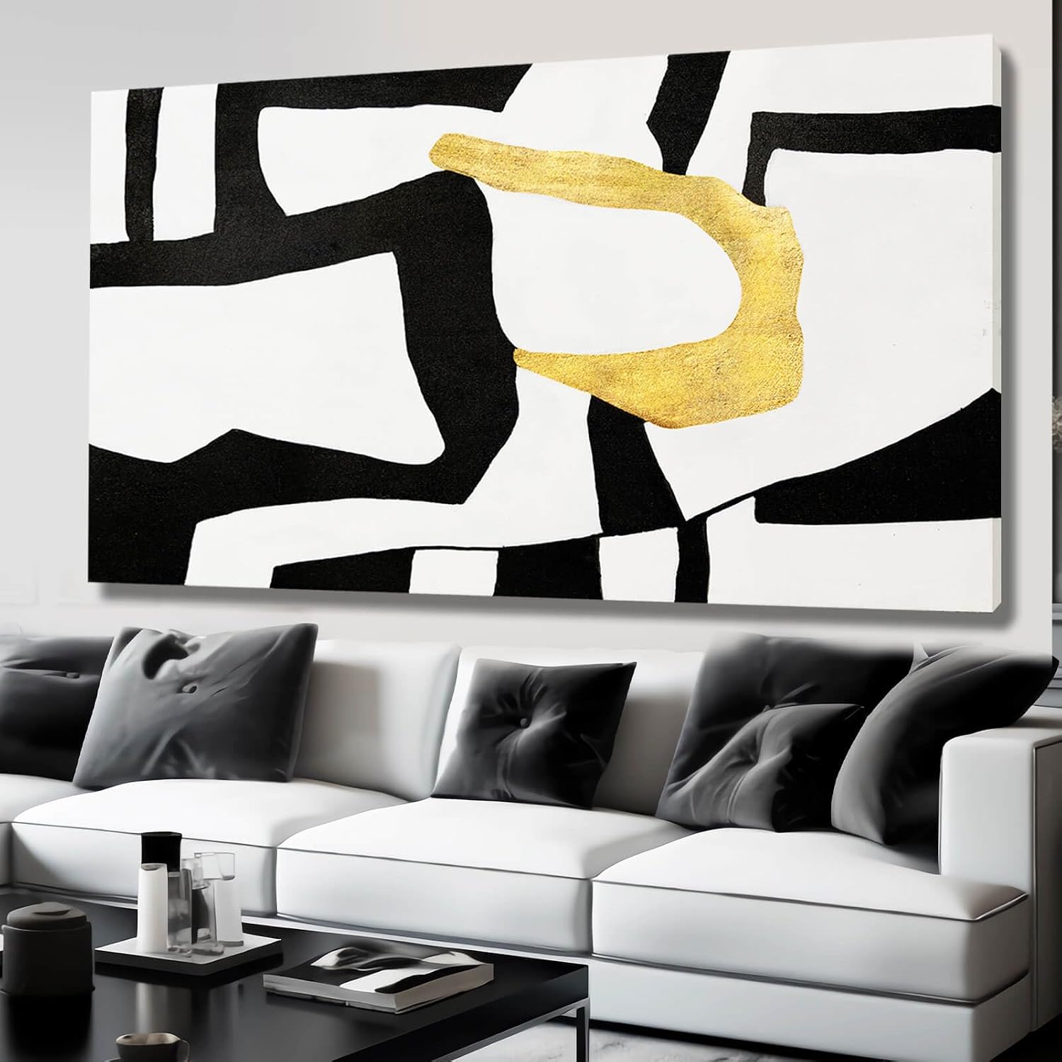 NBAODAN Minimalist Art Painting Gold Picture Wall Decor Large Abstract Wall Art for Bedroom Black Wall Decor for Living Room 29'x58' Framed Canvas Art