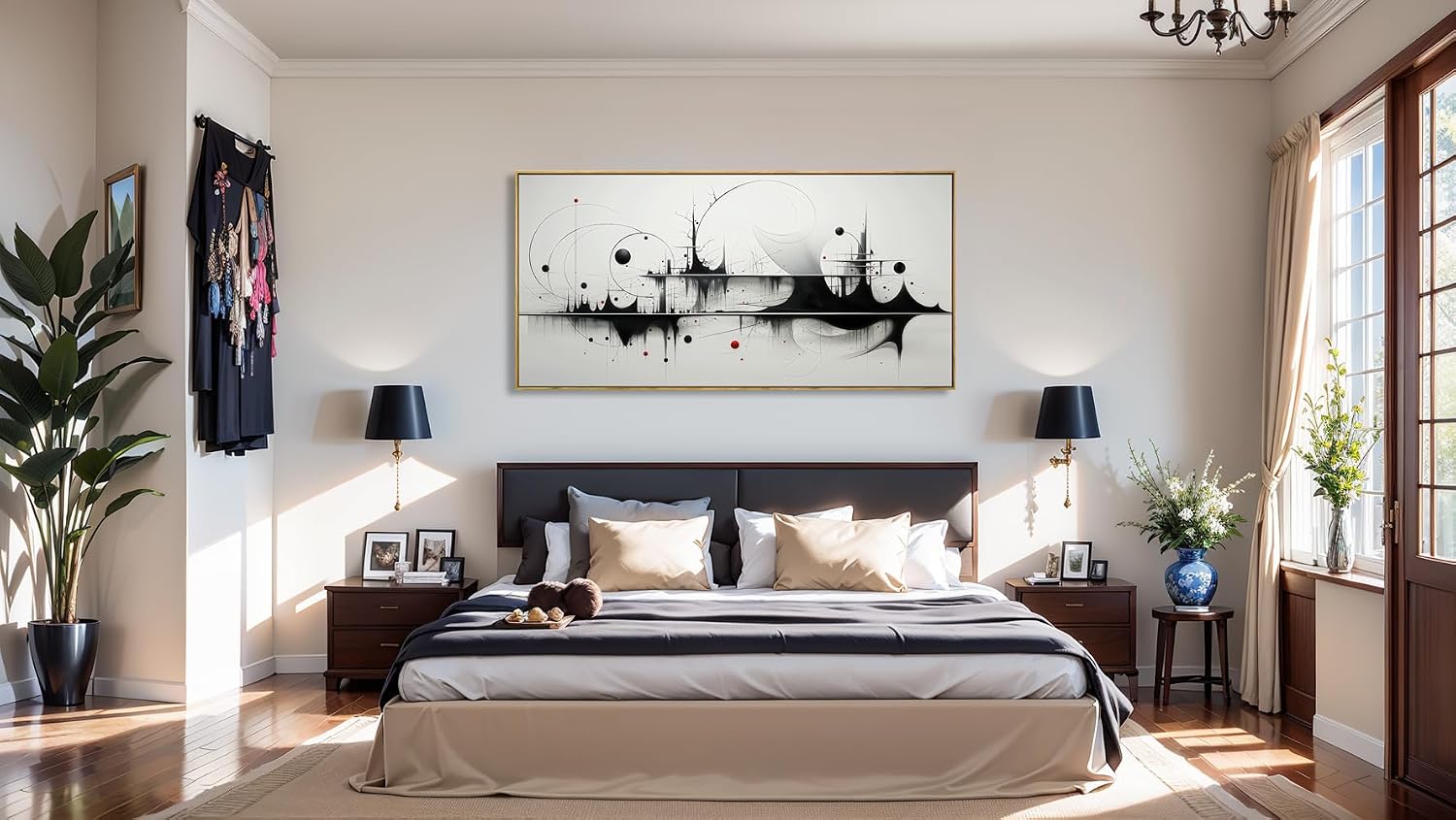 Wall Art Modern Artwork Black And White Canvas Painting Geometric Line Art Wall Decor for Living Room Bedroom Dining Room Home Office Decor 30'x60' with Framed