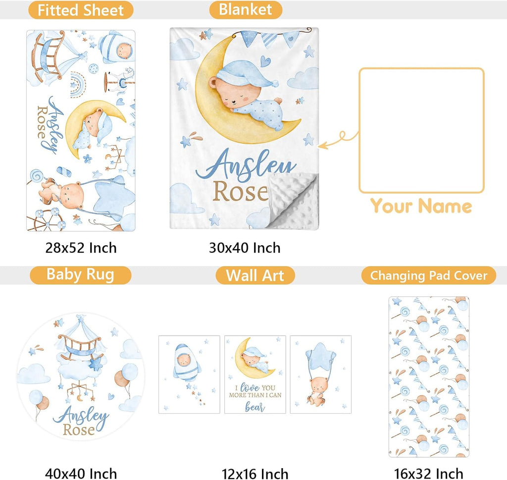 Terwex Personalized Baby Crib Bedding Set, 5 Pcs Custom Name Baby Crib Set with Double Layer Blanket, Soft Blue Moon Bear Nursery Bedding Set for Girls Boys, Customized Gifts for Toddlers Infants