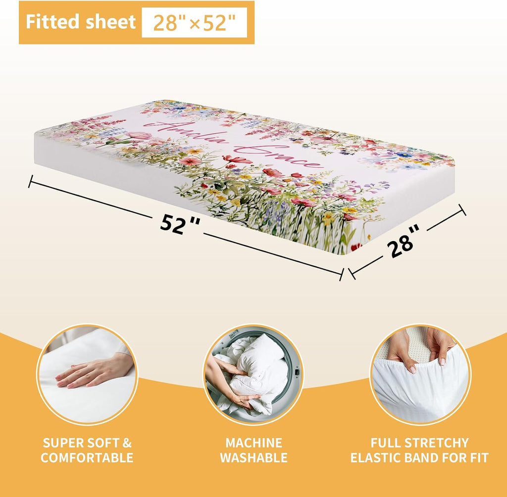 Terwex Custom Crib Bedding Set - 5 Pcs Customized Baby Crib Set with Name - Soft Double Layer Flower Nursery Baby Bedding Set for Girls Boys - Personalized for Infants Toddlers