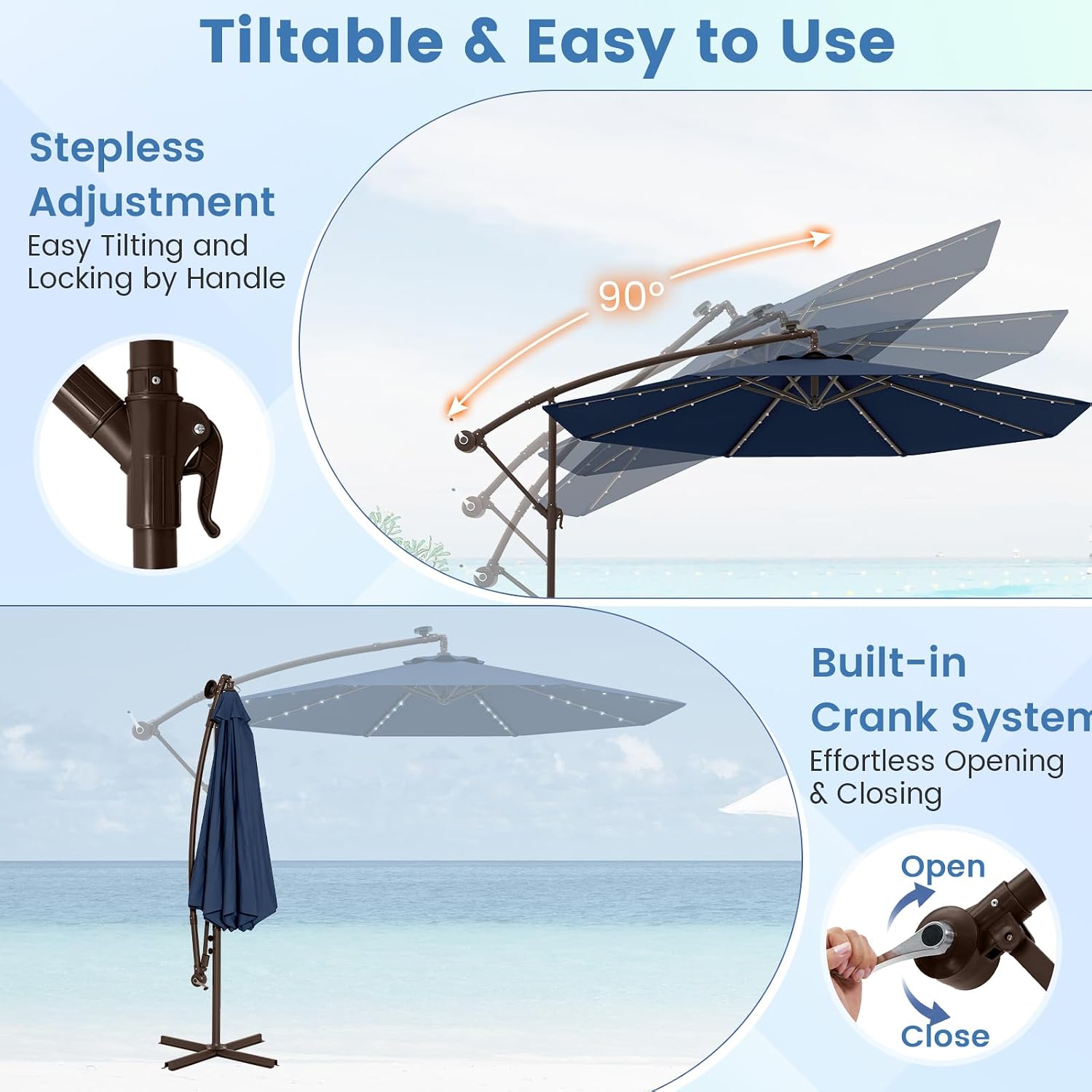 Tangkula 10FT Offset Patio Umbrella with Base Included, Outdoor Cantilever Umbrella with 40 Solar LED Lights, Tilt Adjustment, Crank Handle, Vented Top, Sand Bags for Pool Yard Deck (Navy)