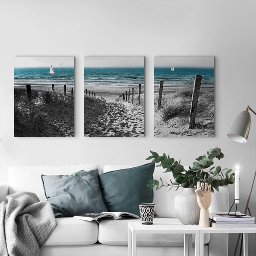 Beach Coastal Wall Art Blue Ocean Landscape Wall Decor for Living Room Bathroom Black and White Scenery Canvas Prints Pictures Seascape Sand Dune Paintings Artwork Office Home Decorations 16x24' 3 Pcs