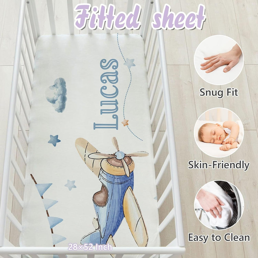 Personalized Baby Crib Bedding Set, 5 Pcs Custom Name Nursery Bedding Set for Girls Boys, Blue Plane Baby Crib Set for Toddlers Infants, Double Layer Bedding Crib Sets Customized Gifts