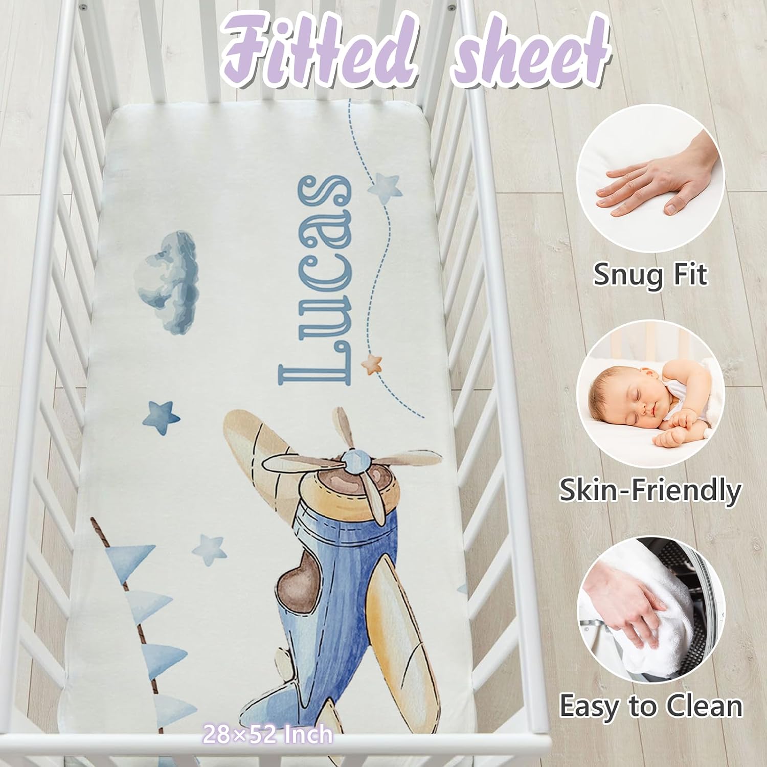 Personalized Baby Crib Bedding Set, 5 Pcs Custom Name Nursery Bedding Set for Girls Boys, Blue Plane Baby Crib Set for Toddlers Infants, Double Layer Bedding Crib Sets Customized Gifts