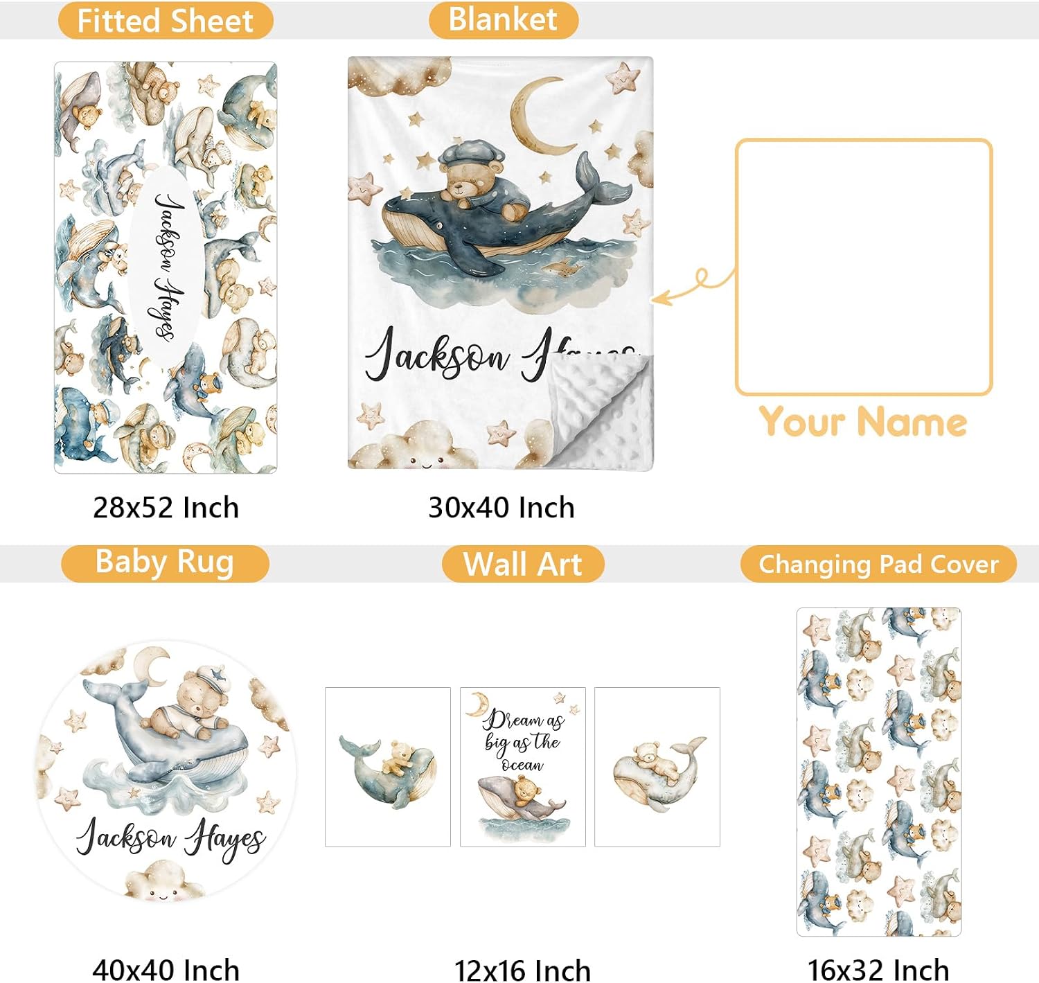 Terwex Personalized Baby Bedding Set - 5 Pcs Custom Infants Bedding Set with Infant Name - Double Layer Nursery Crib Set for Girls Boys - Customized Gifts for Toddler Baby Shower - Whales and Bears