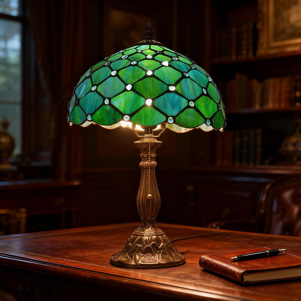 MOAN Lamp Stained Glass Table Lamp 12X12X19 Inch Bedside Reading Light Antique Bronze Base(Sea Blue Pearl Style)