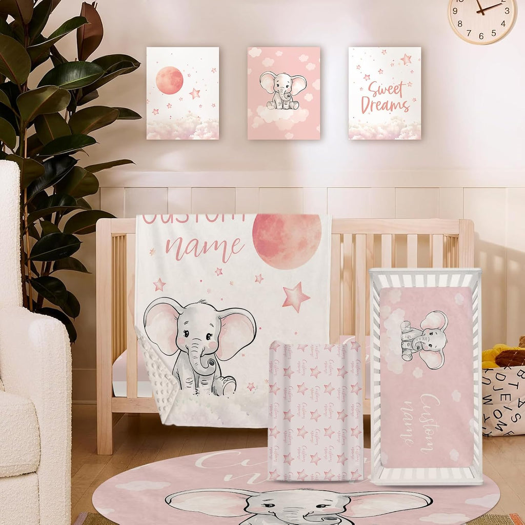 Personalized Nursery Crib Bedding Set: Custom Name 5 Piece Baby Crib Sets with Starry Sky Elephant Design - Toddler Double Layer Blanket Set, Comfortable Crib Bed Sheets for Baby Grils
