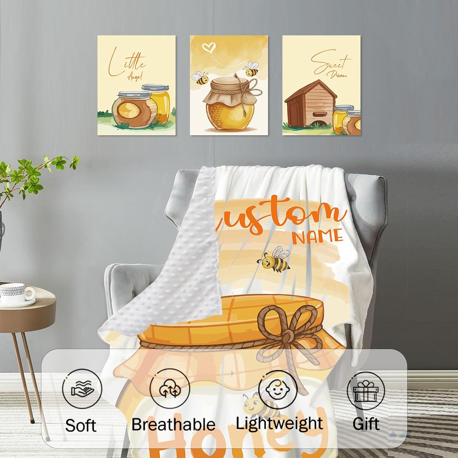 Personalized Crib Bedding Set for Baby Boys Girls, Honeypot Pattern Custom Name Baby Crib Sets 5-Pcs, Double Layer Baby Blanket Fitted Sheet Changing Pad Cover Rug Wall Art Set