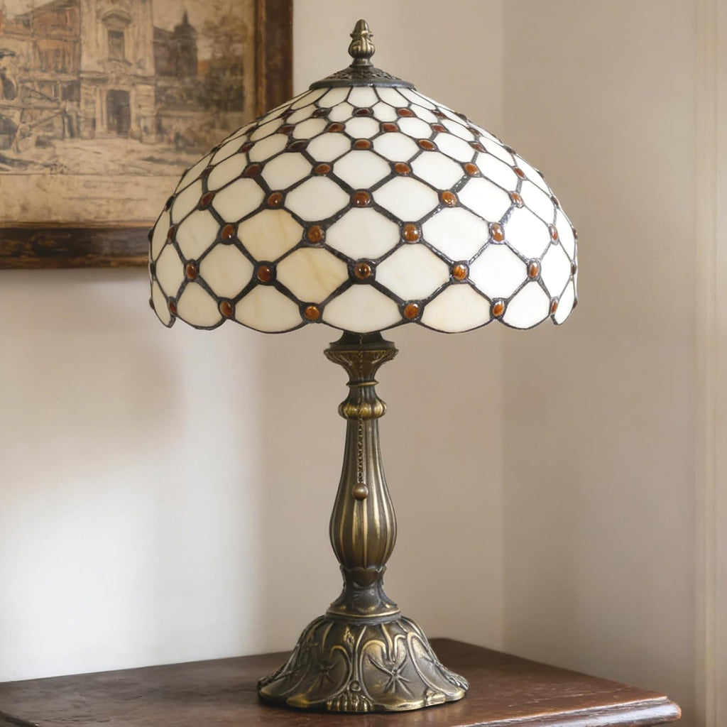 Tiffany Lamp Stained Glass Table Lamp Antique Bedside Reading Light W12H19 Inches (Cream Amber Pearl)