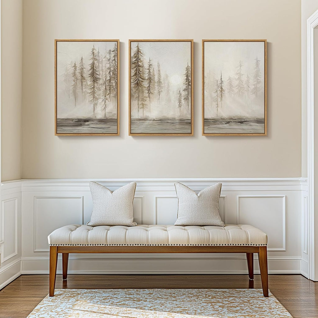 Framed Neutral Pine Tree 3 Piece Wall Art for Living Room, Abstract Modern Landscape Canvas Artwork for Walls, Large Foggy Nature Scenic Painting Prints for Bedroom Hallway Office Wall Decor, 20x30 In