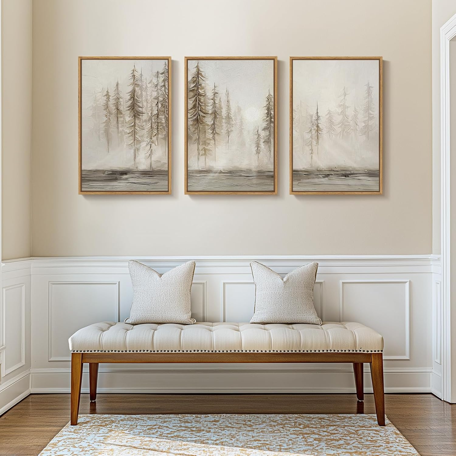 Framed Neutral Pine Tree 3 Piece Wall Art for Living Room, Abstract Modern Landscape Canvas Artwork for Walls, Large Foggy Nature Scenic Painting Prints for Bedroom Hallway Office Wall Decor, 20x30 In