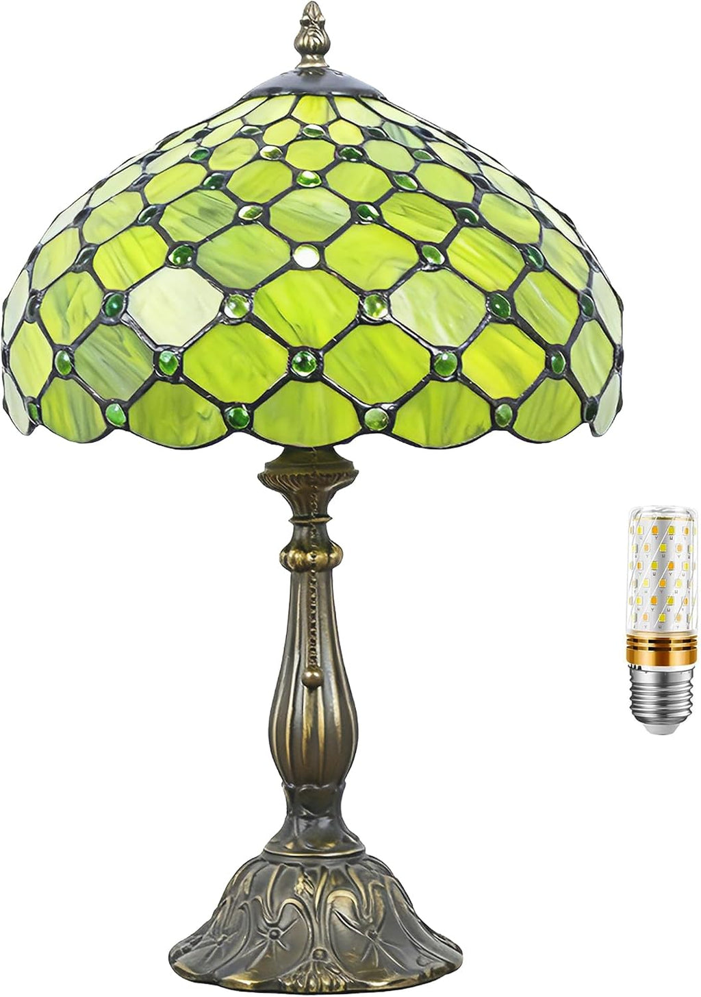 Tiffany Lamp Stained Glass Table Lamp Antique Bedside Reading Light W12H19 Inches (Green Yellow Pearl)
