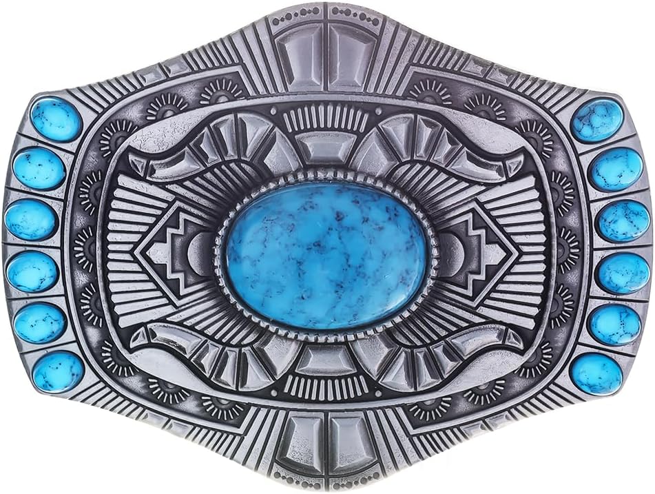Men's Western Belt Buckle - Vintage Turquoise with Native American & Cowboy Elements