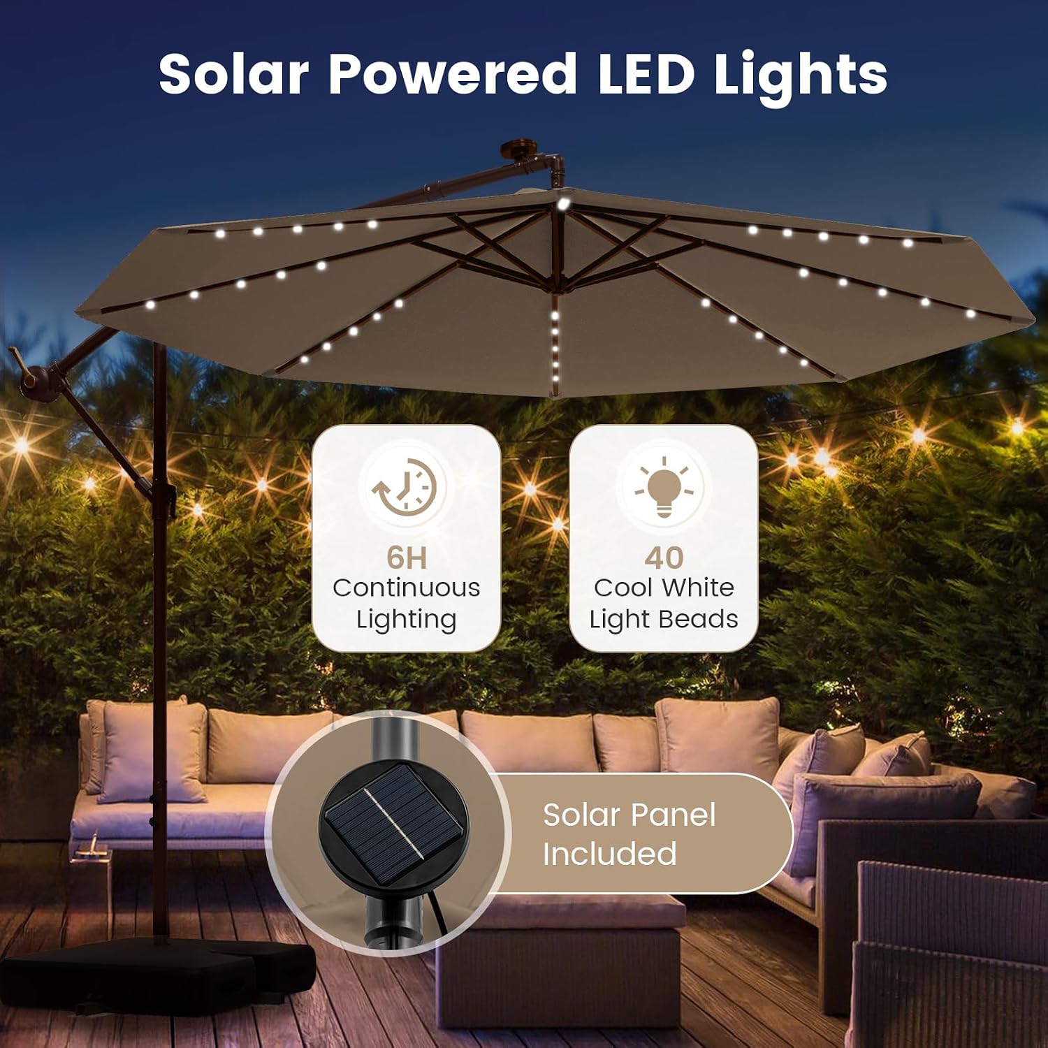 Tangkula 10FT Offset Patio Umbrella with Base Included, Outdoor Cantilever Umbrella with 40 Solar LED Lights, Tilt Adjustment, Crank Handle, Vented Top, Sand Bags for Pool Yard Deck (Tan)