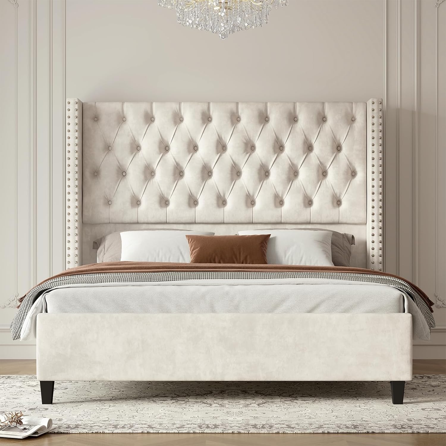 Jocisland King Size Bed Frame Velvet Upholstered Platform Bed with 51.6' Tall Wingback Headboard Deep Button Tufted, No Box Spring Needed, Cream