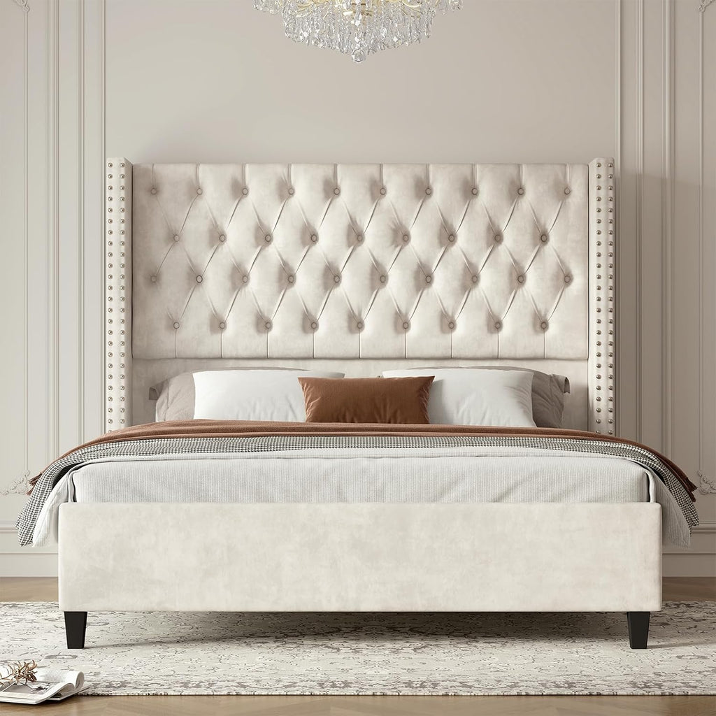Jocisland Queen Size Bed Frame Velvet Upholstered Platform Bed with 51.6' Tall Wingback Headboard Deep Button Tufted, No Box Spring Needed, Cream
