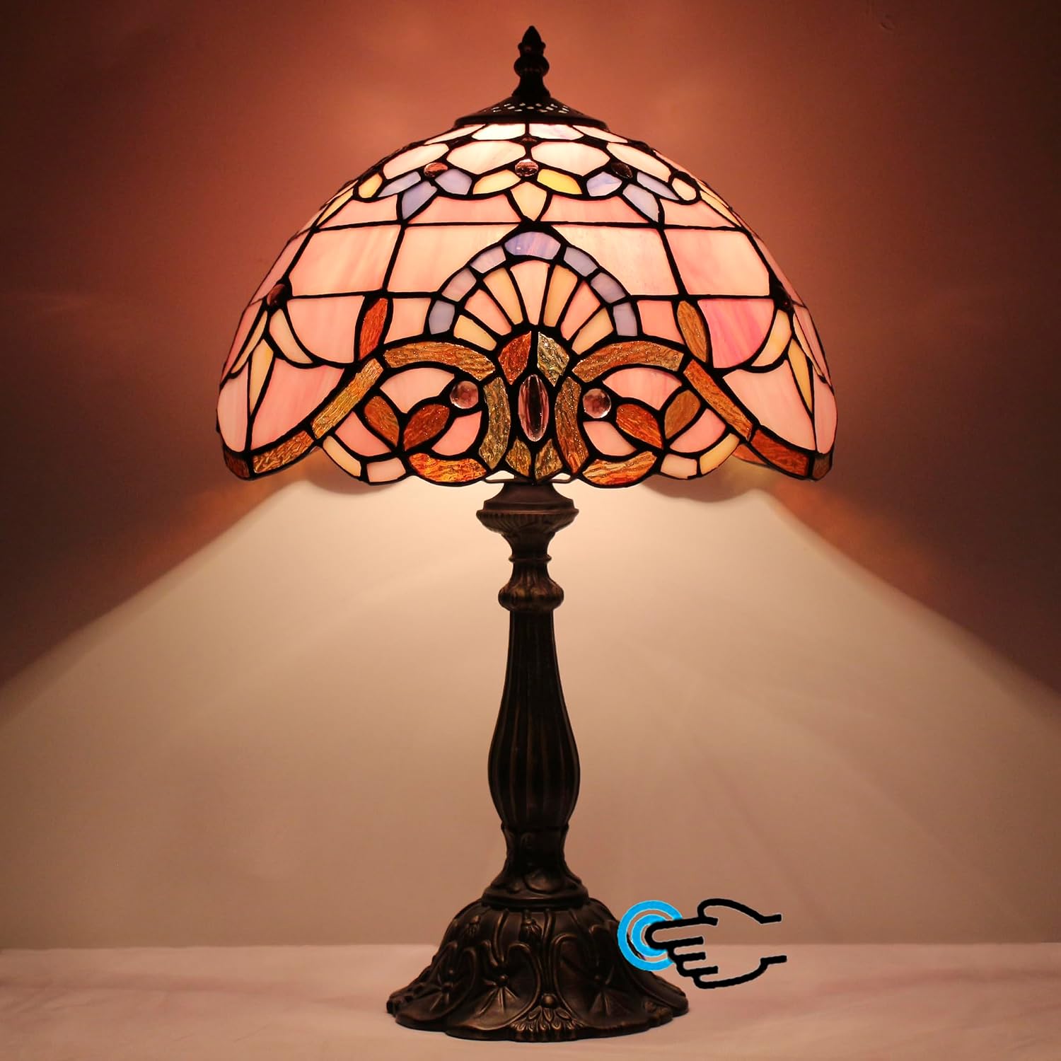 Tiffany Lamp Touch Control Table Lamp Pink Stained Glass Desk Lamp 12X12X19 Inches Baroque Style Reading Light