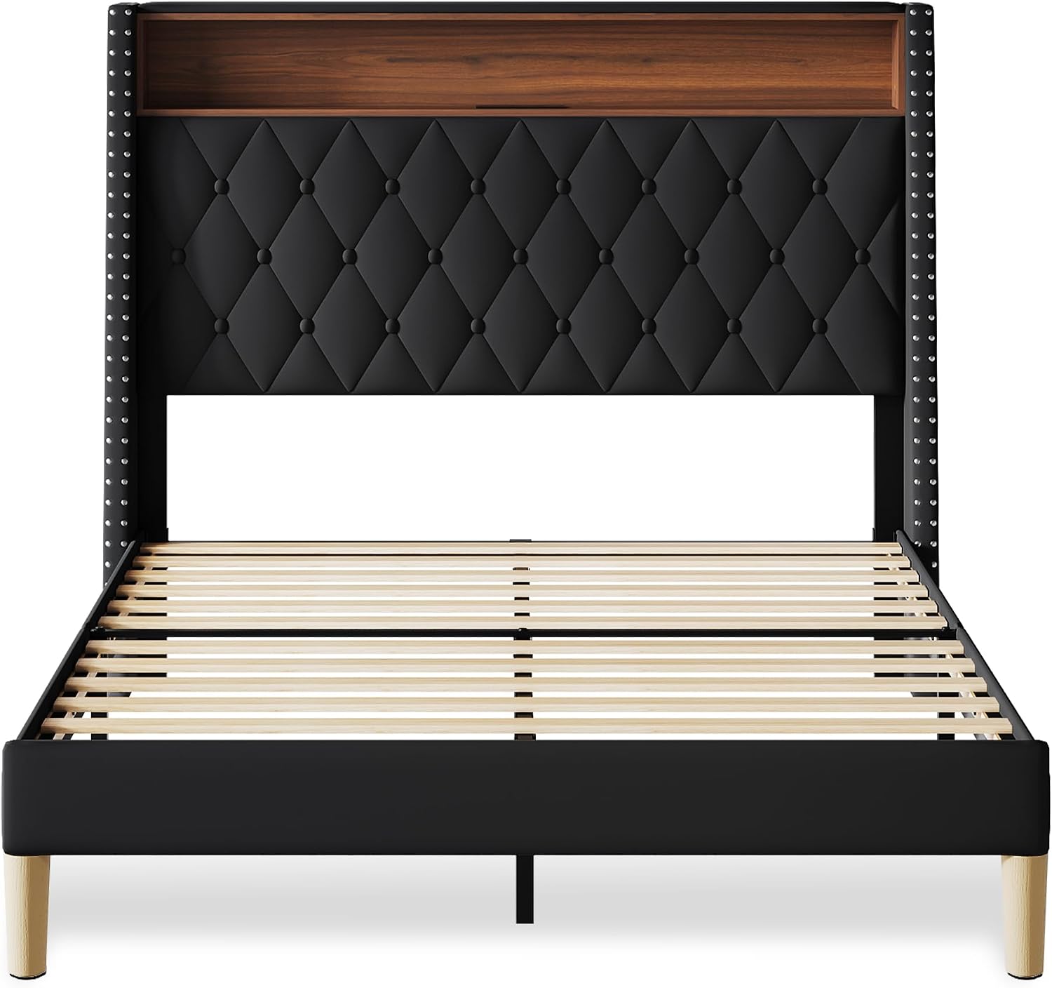 WLIVE Full Size Upholstered Bed Frame with 48'' Tall Wingback Headboard, Velvet Square Tufted Platform Beds with Charging Station, Sturdy Metal & Wooden Slats Support, Black
