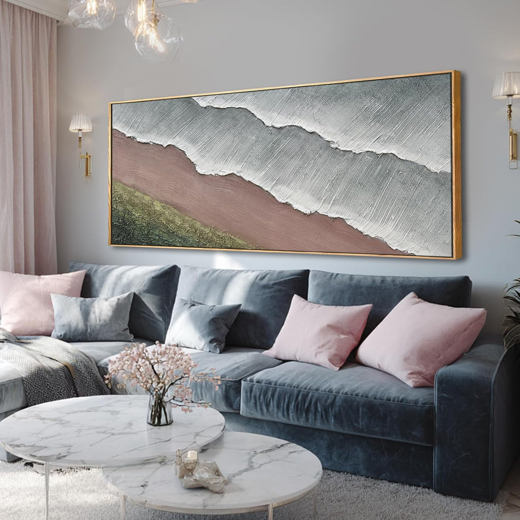SHEYOYE Grey Blue and Taupe Abstract Mountain Canvas Wall Art with Olive Green Hills, 32x71 Large Textured Landscape Decor in Wooden Frame for Living Room Bedroom Entryway