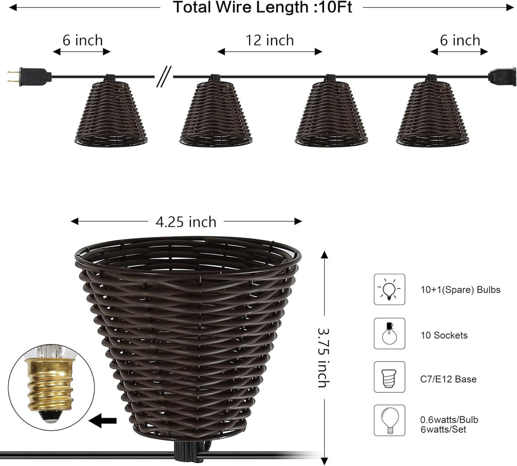 JONATHAN Y 10' Dark Brown 10-Light Indoor/Outdoor LED String Lights for Patio, Classic Cottage Faux-Rattan Shaded Hanging Lights for Balcony, Deck, Coastal Decor (JYL8706C)