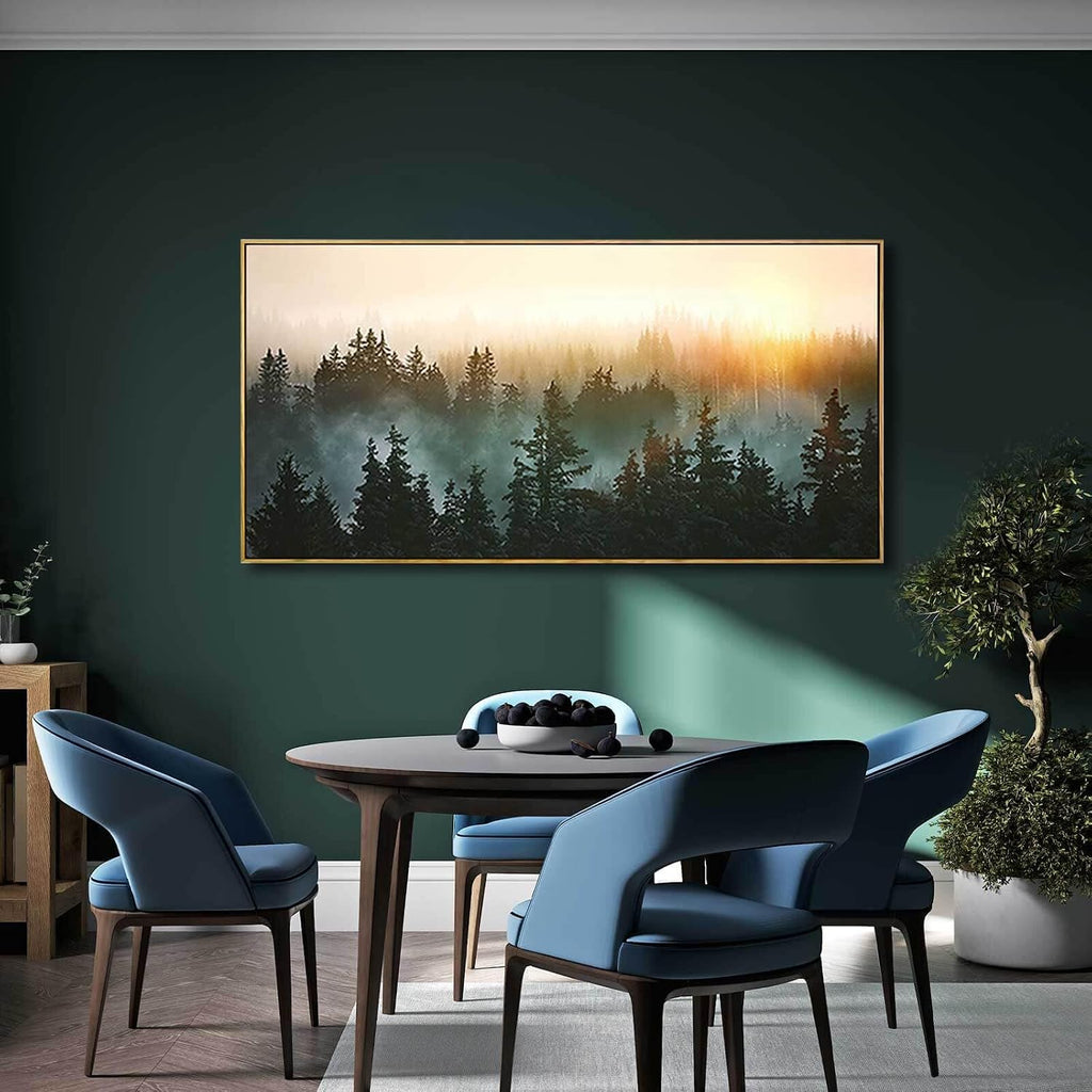 Living Room Wall Art Sunrise Misty Forest 24'x48' Modern Home Wall Decor Plants Wall Decorations Framed Artwork for Bedroom Dining Room Office Hotel