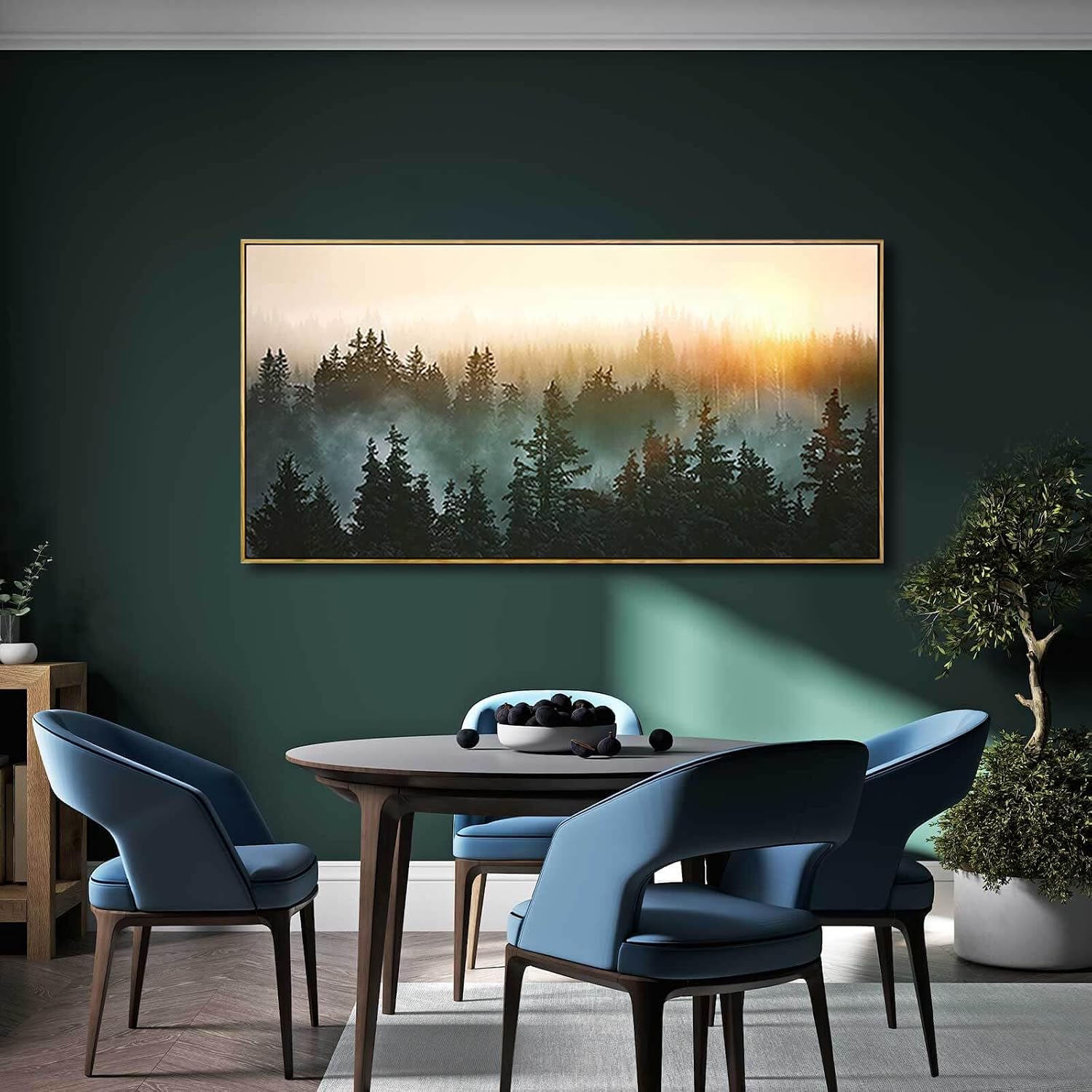 Living Room Wall Art Sunrise Misty Forest 24'x48' Modern Home Wall Decor Plants Wall Decorations Framed Artwork for Bedroom Dining Room Office Hotel