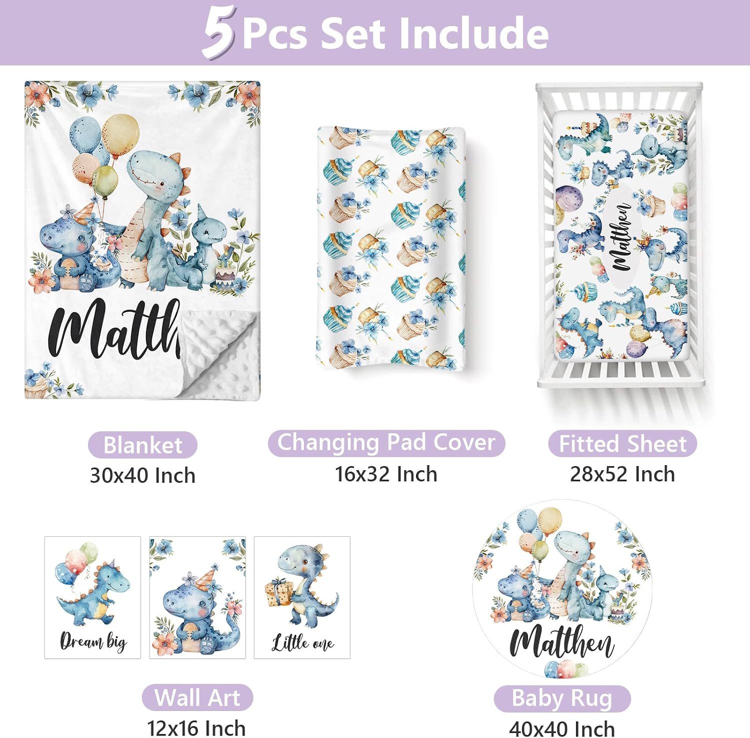 Custom Baby Crib Bedding Set, 5 PCS Personalized Name Baby Crib Sets for Girls Boys, Blue Dinosaur Theme Nursery Bedding Sets for Infant Toddler, Double Layer Flannel Bed Set Customized Gifts