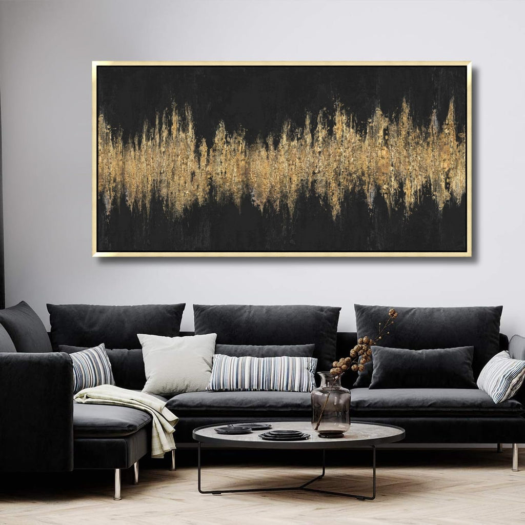 27'x56' Framed Black and Gold Abstract Sound Wave Textured Wall Art, Minimalist Pictures Canvas Wall Deco for Living Room Bedroom Office Gallery