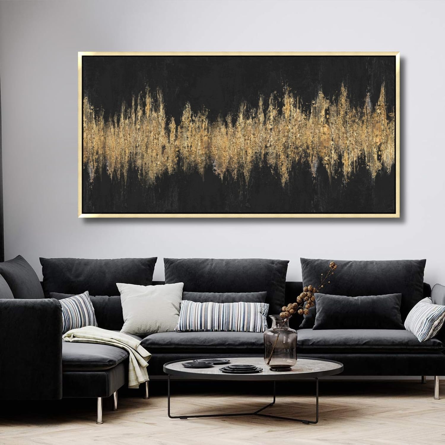 27'x56' Framed Black and Gold Abstract Sound Wave Textured Wall Art, Minimalist Pictures Canvas Wall Deco for Living Room Bedroom Office Gallery