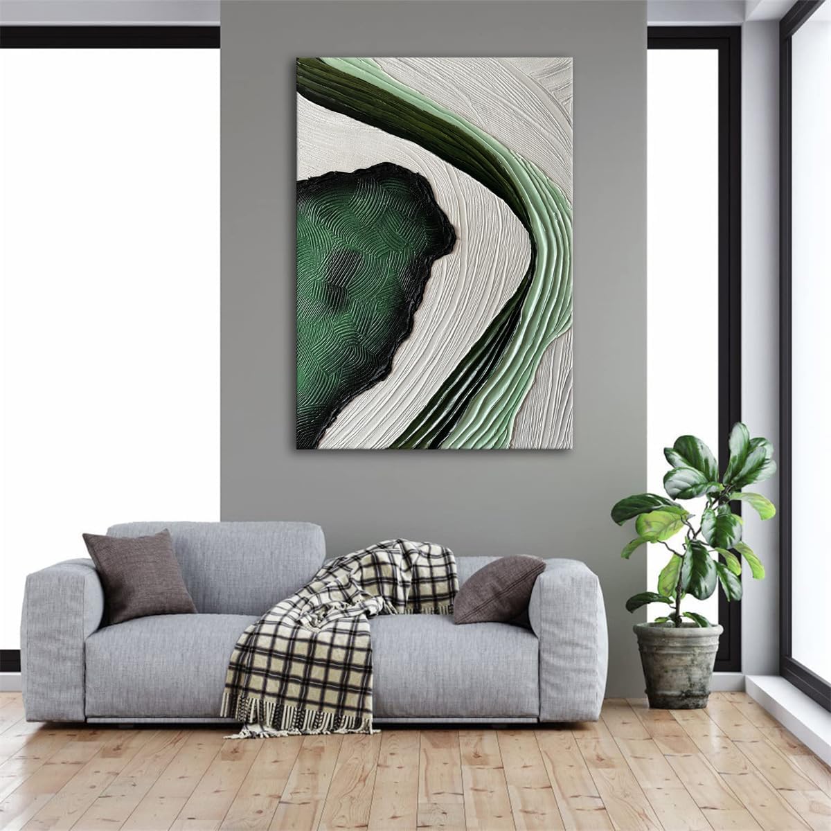 Slyart Large Nordic Green and White Abstract Vertical Wall Art Green 3D Texture Painting Green White Painting Modern Living Room Oil Paintings Minimalist Art