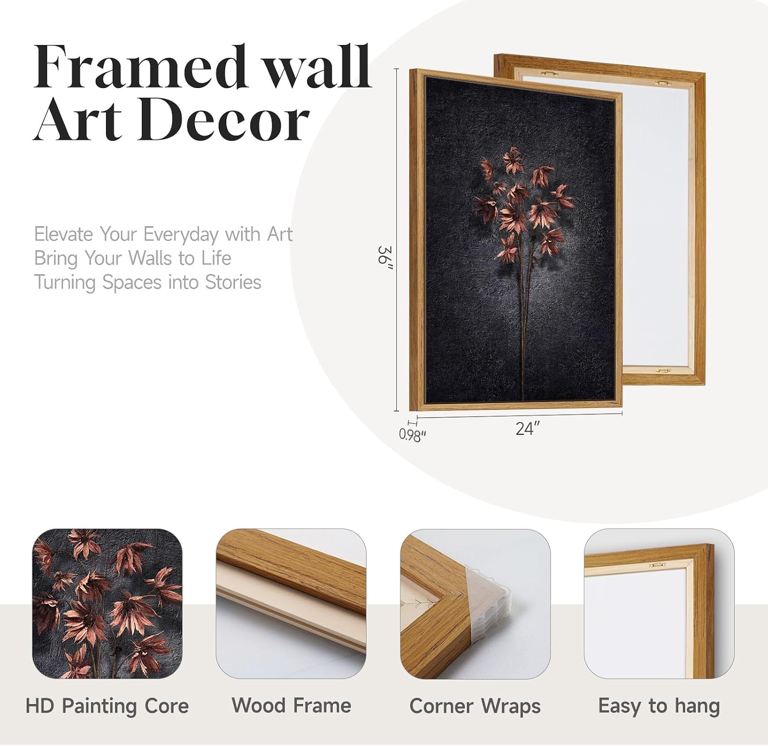 3 Piece Framed Vintage Botanical Wall Art for Living Room, Large Black Retro Floral Canvas Artwork for Walls, Dark Moody Flower Picture Prints Paintings for Kitchen Hallway Wall Decor, 24x36 Inch