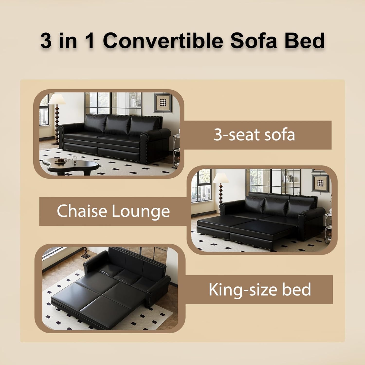 93.7' Pull Out Sofa Bed King Size with Pillows,3-in-1 Convertible Sleeper Couch with Nails Trim,PU Leather 3 Seater Sofabed for Living Room,Black