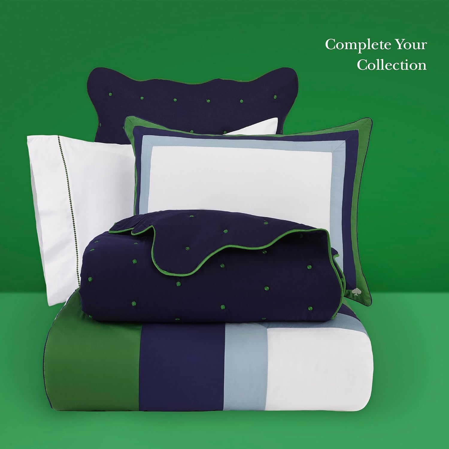 kate spade new york Color Block King Comforter Set, 300 Thread Count and 100% Cotton Cover, All Season 3 Piece Reversible Bedding Set, Machine Washable, Navy, Green and White