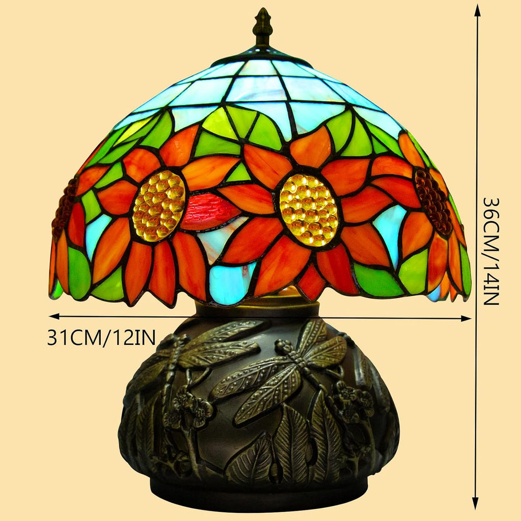 Tiffany Table Lamp,12 Inch Stained Glass Table Lamp,Mushroom Style Vintage Desk Lights Included E26 LED with Remote Control for Bedside,Bedroom,Living Room(Sunflower)