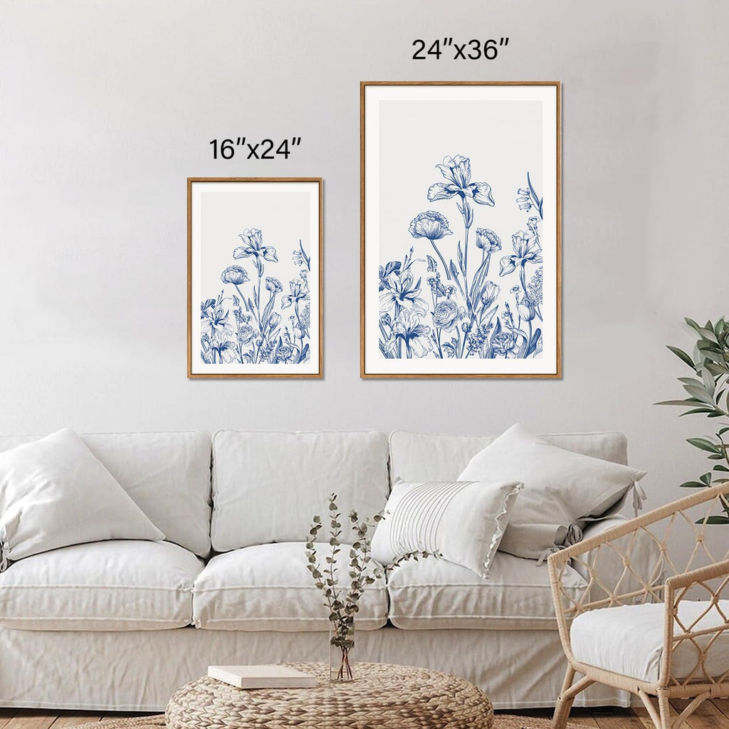 SIGNINART Classic Chinoiserie Framed Canvas Wall Art Set, Blue and White Floral Art Painting, Minimalist Botanical Flower Artwork, Navy Blue Wall Decor for Bedroom, Living Room, Office 24'x36'x3