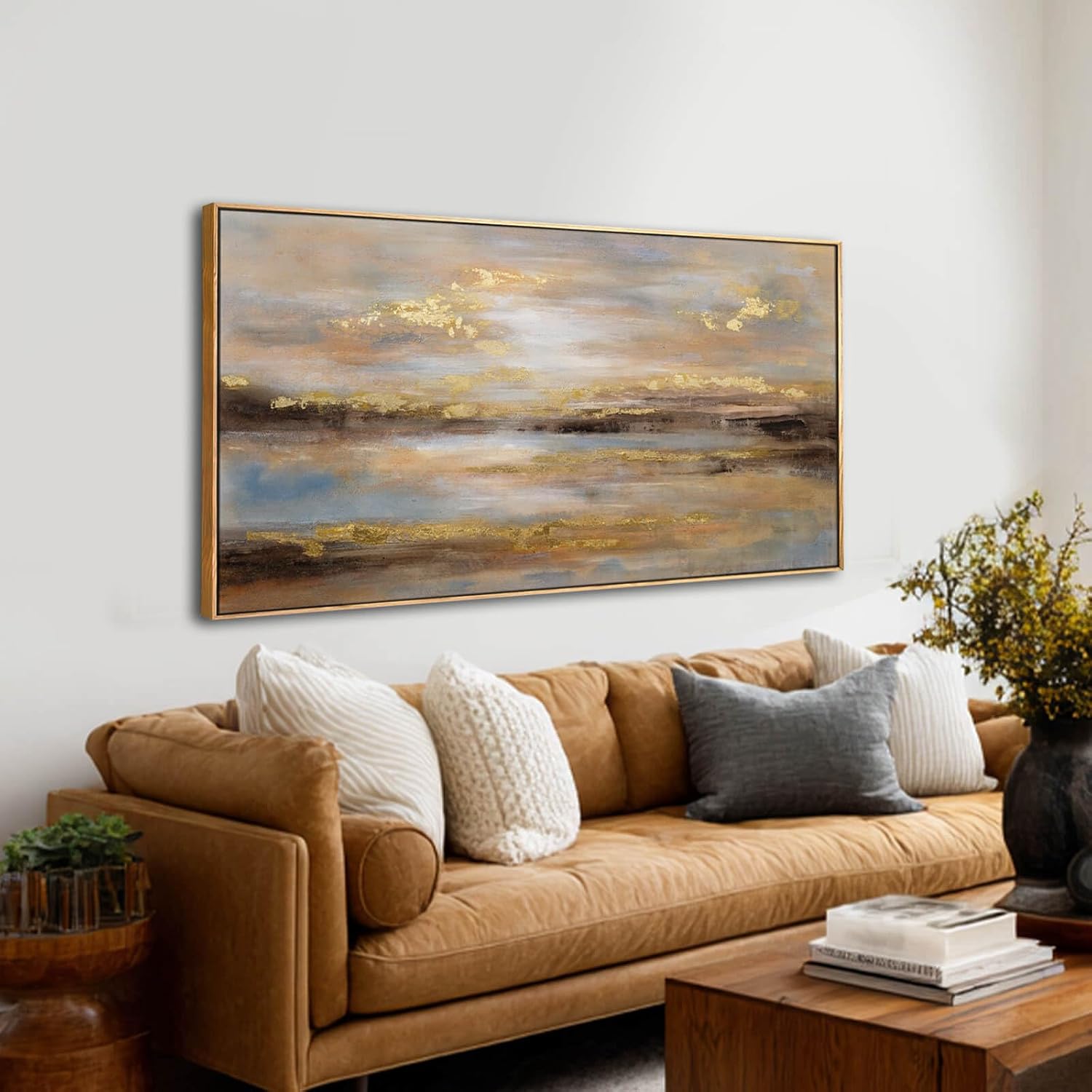 Gold Abstract Wall Art Decor Neutral Canvas Pictures Wooden Framed Wall Decor Colorful Art Prints for Living Room Dining Room Bedroom 24x48 Inch