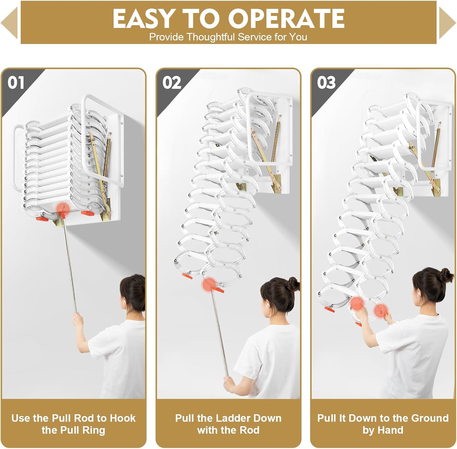 12 Steps Attic Ladder, Wall Mounted Pull Down Loft Steps Folding Stairs, 9.5-10.1Ft Height Aluminum Alloy Narrow Attic Extension Ladder w/Armrests for Basements Warehouses (12, White2)