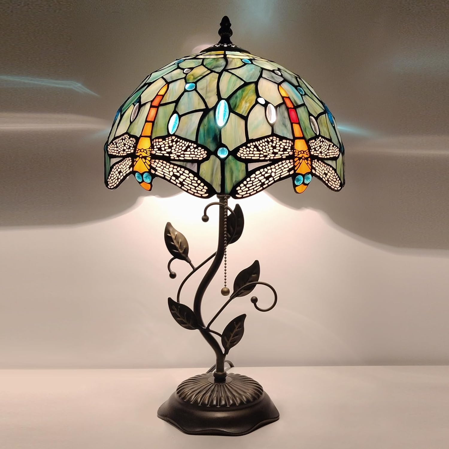 Tiffany Table Lamp, Stained Glass Style Desk Lamp, 12X12X19 Inch,Bedside Reading Light, Metal Leaf Base (Brown Dragonfly Style)
